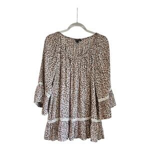 Zac & Rachel Womens 1X Blouse Flowy Animal Print Elastic Scoop Neck Lace Trim